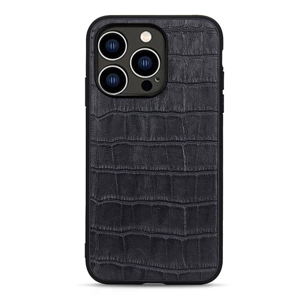 Coque Hybride Cuir veritable Crocodile iPhone 15 Pro, noir