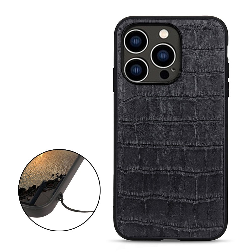 Coque Hybride Cuir veritable Crocodile iPhone 15 Pro, noir