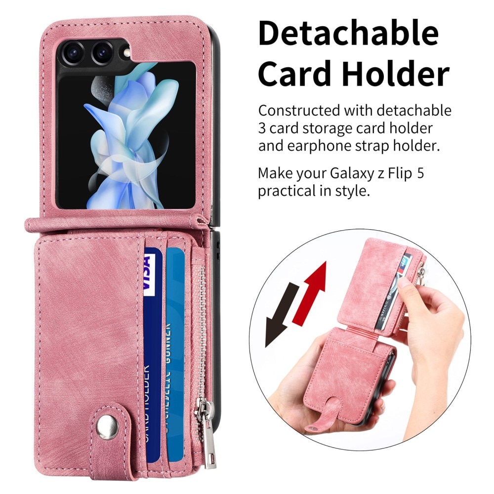 Coque portefeuille Zipper Multi-Slot Samsung Galaxy Z Flip 5, rose