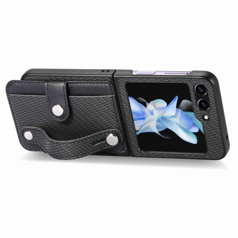 Coque en Cuir à cartes + Finger Strap Samsung Galaxy Z Flip 5, noir