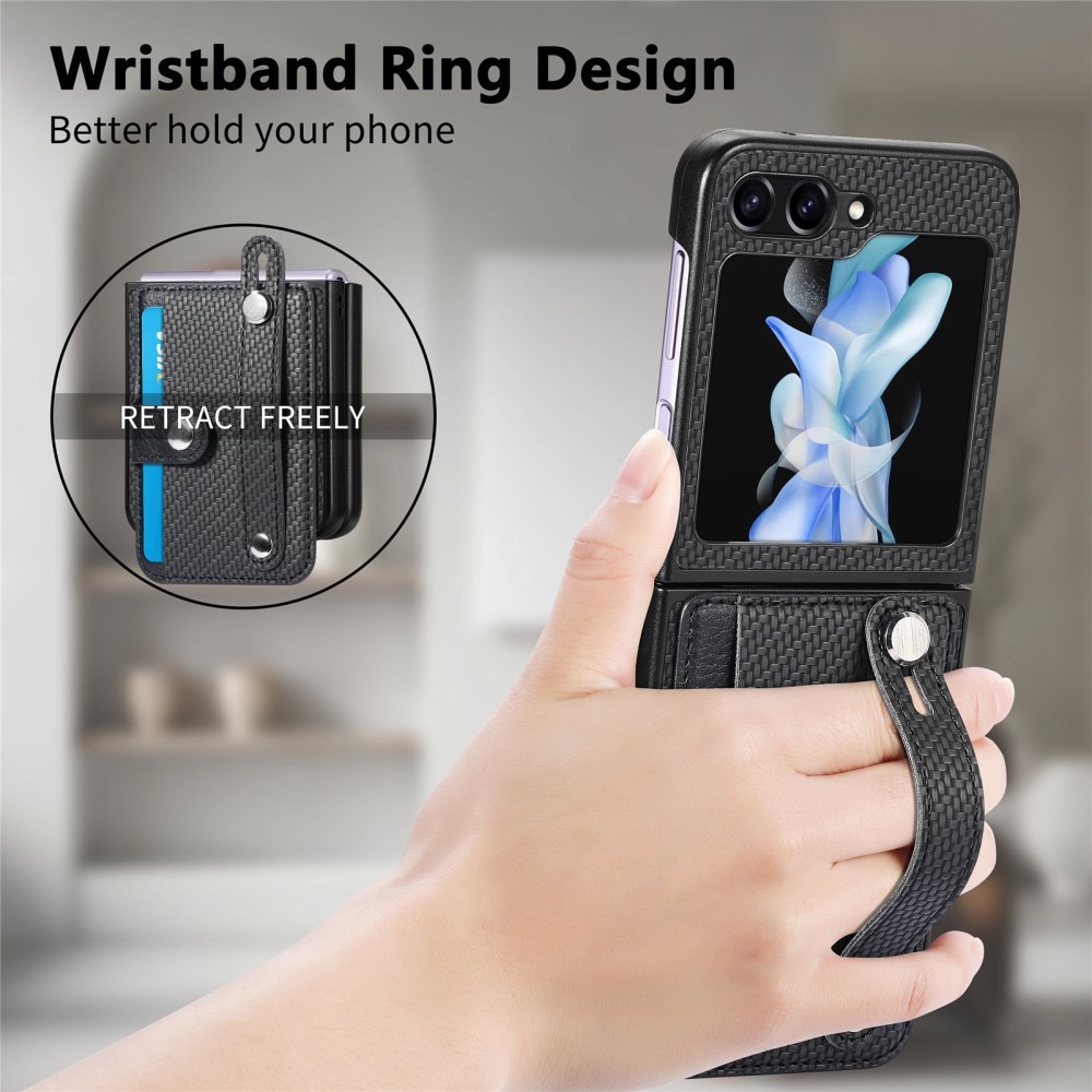 Coque en Cuir à cartes + Finger Strap Samsung Galaxy Z Flip 5, noir