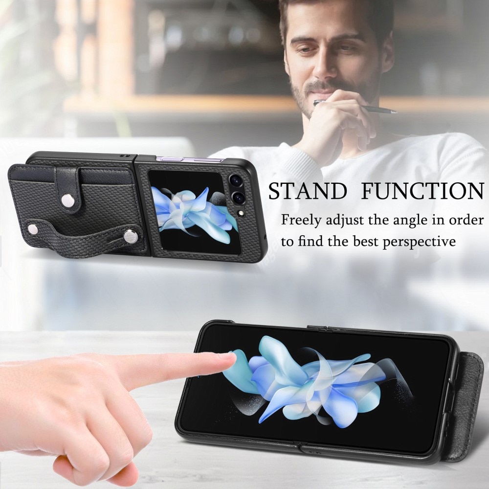Coque en Cuir à cartes + Finger Strap Samsung Galaxy Z Flip 5, noir