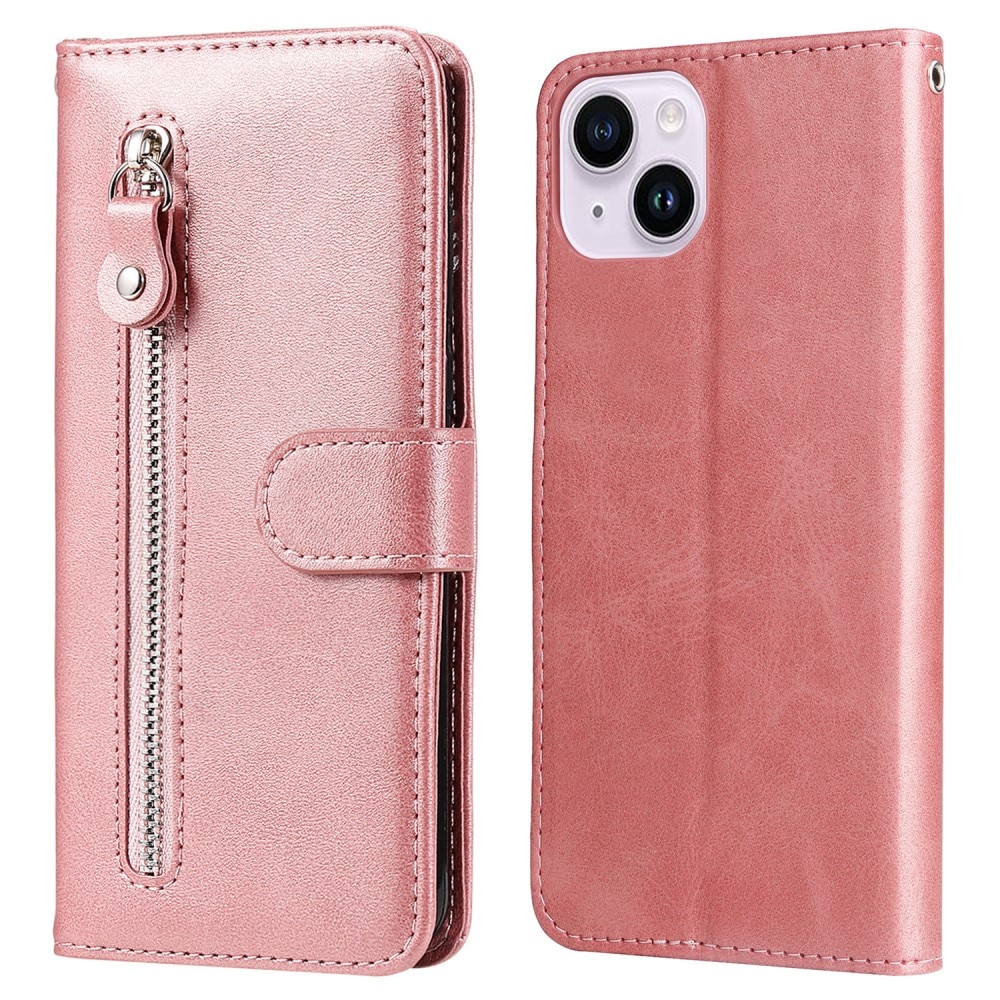 Étui en cuir Zipper iPhone 15, rose