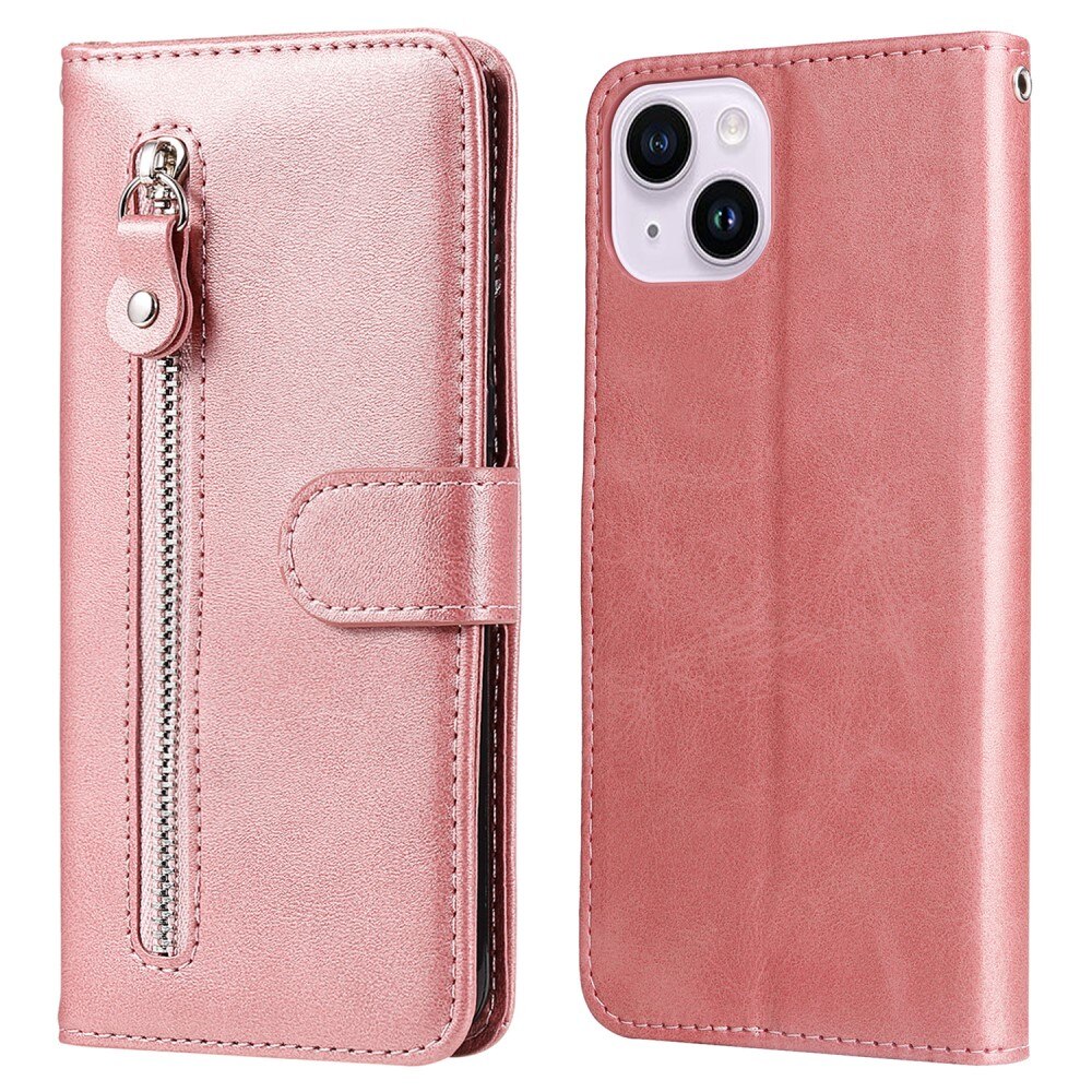 Étui en cuir Zipper iPhone 15, rose