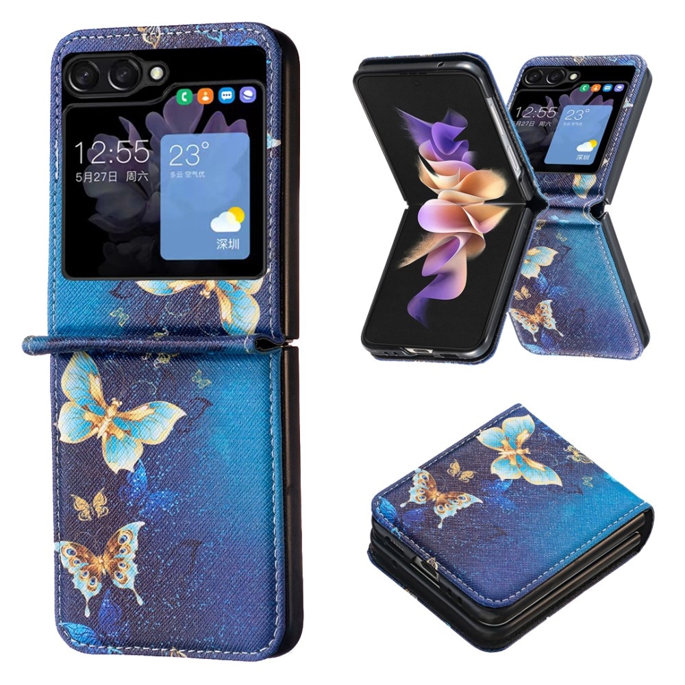 Coque en Cuir Samsung Galaxy Z Flip 5, Blue Butterflies