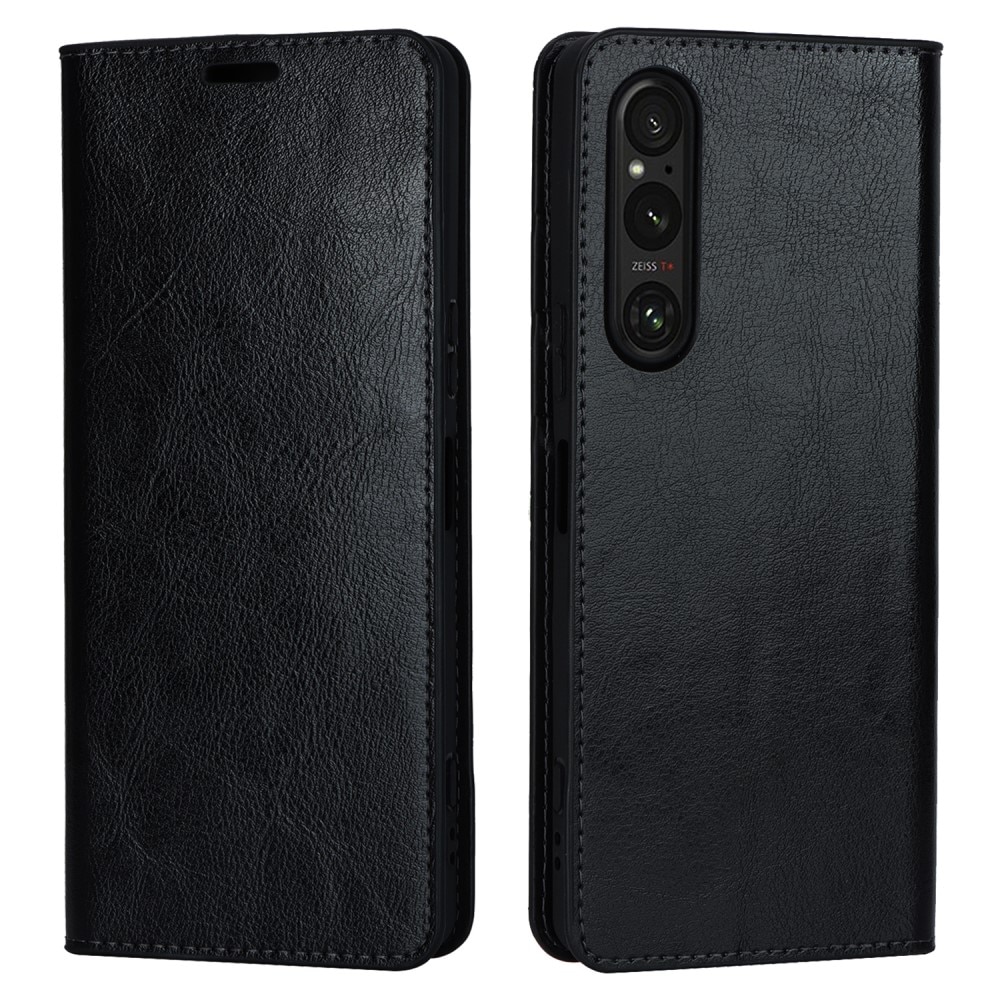Coque portefeuille en cuir Veritable Sony Xperia 1 V, Noir