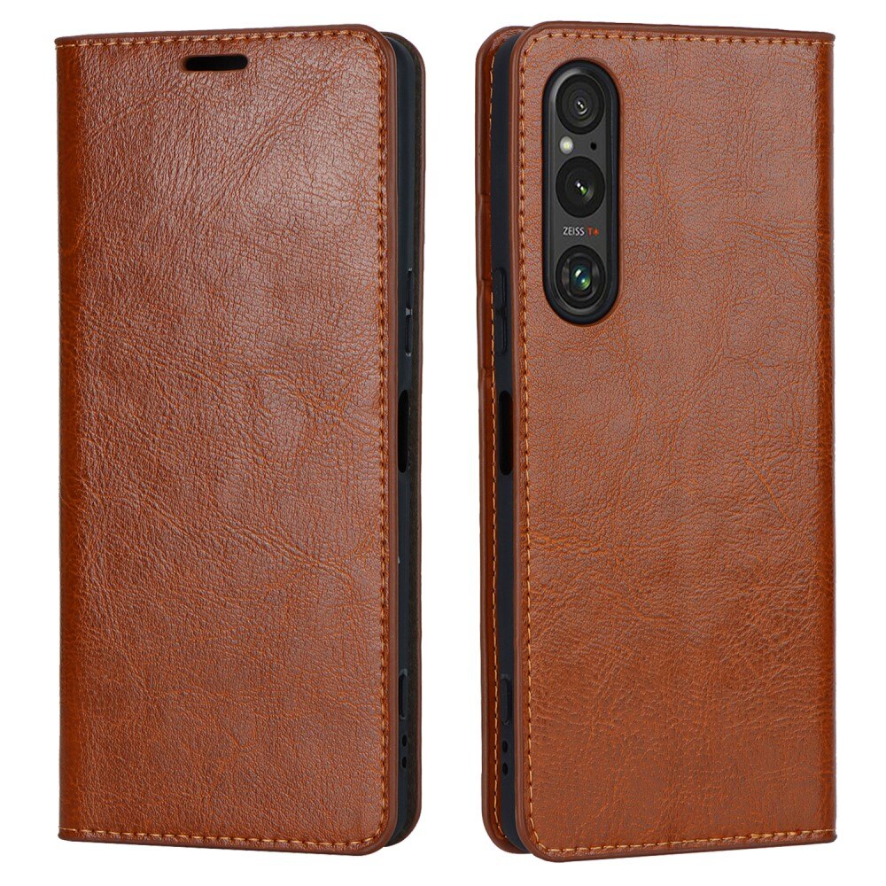 Coque portefeuille en cuir Veritable Sony Xperia 1 V, marron