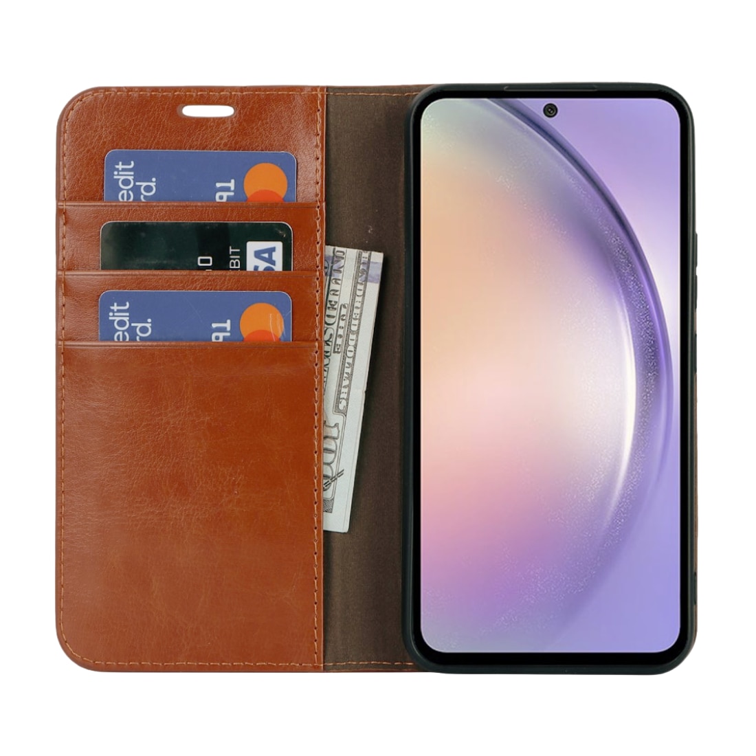 Coque portefeuille en cuir Veritable Samsung Galaxy A54, Marron