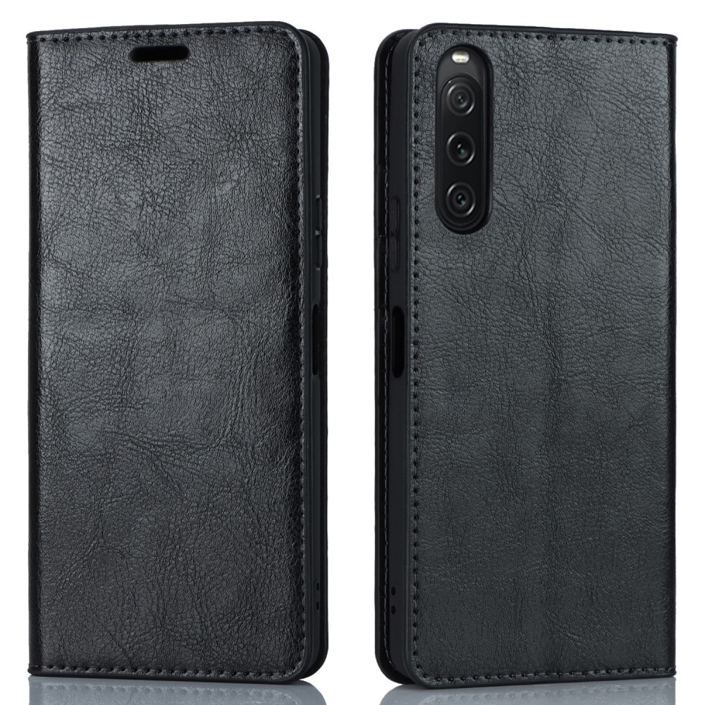 Coque portefeuille en cuir Veritable Sony Xperia 5 V, Noir