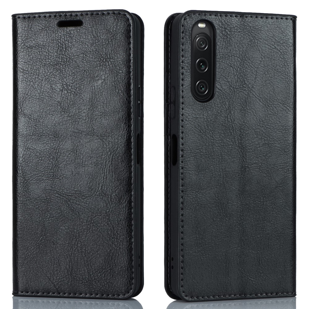 Coque portefeuille en cuir Veritable Sony Xperia 10 V, noir