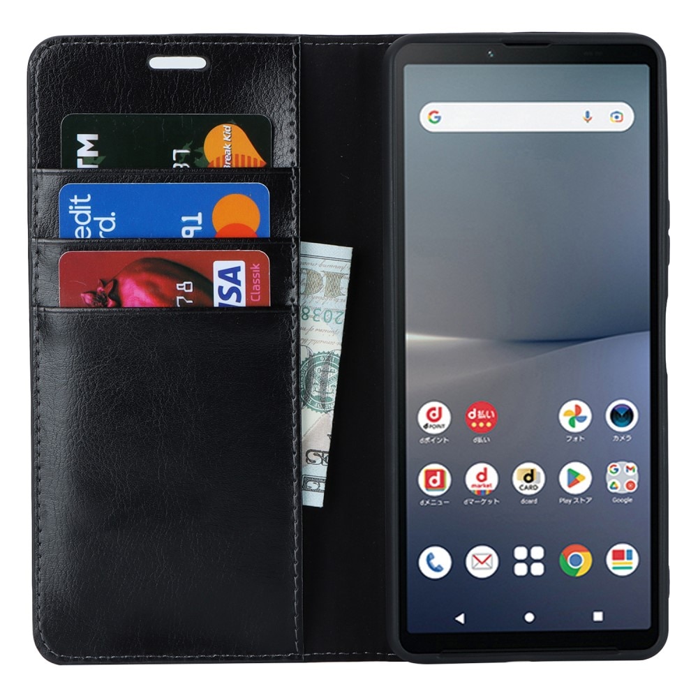 Coque portefeuille en cuir Veritable Sony Xperia 5 V, Noir