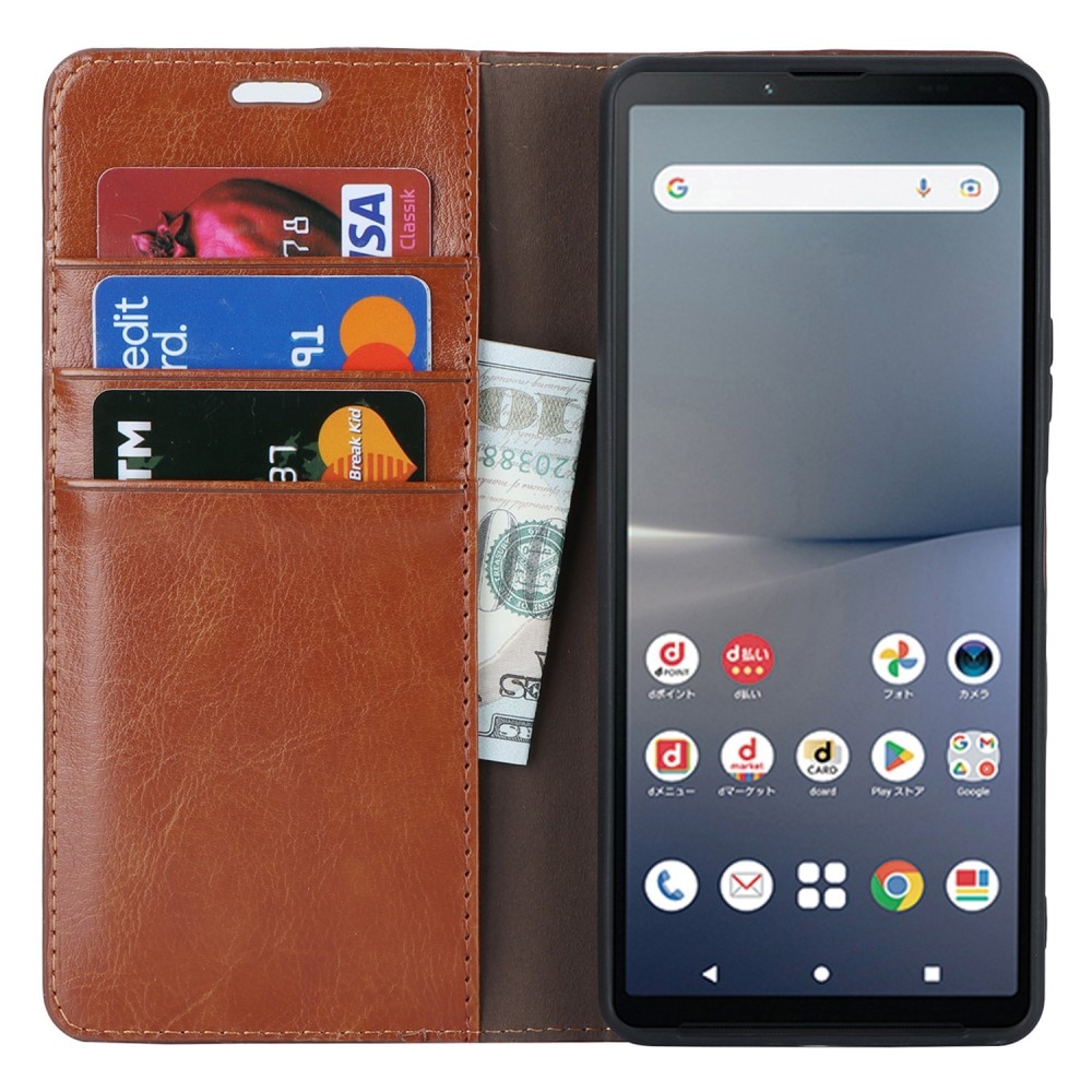 Coque portefeuille en cuir Veritable Sony Xperia 10 V, marron