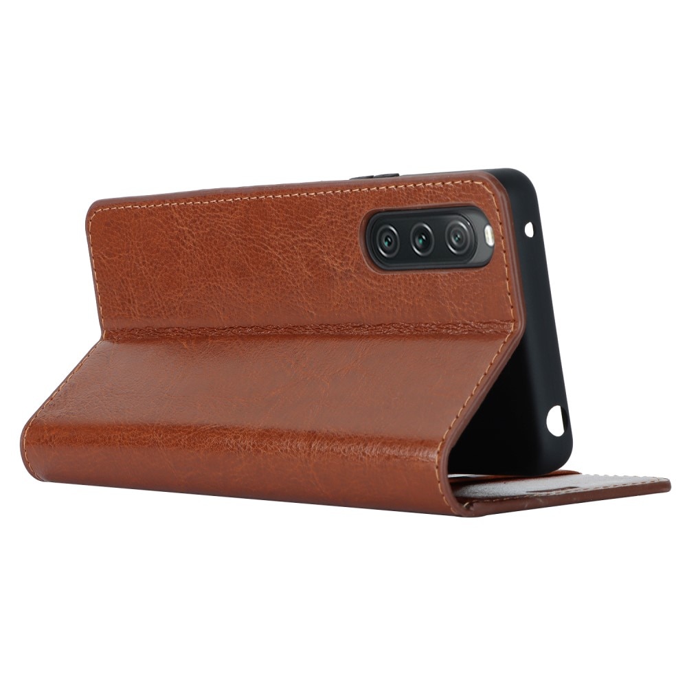 Coque portefeuille en cuir Veritable Sony Xperia 10 V, marron