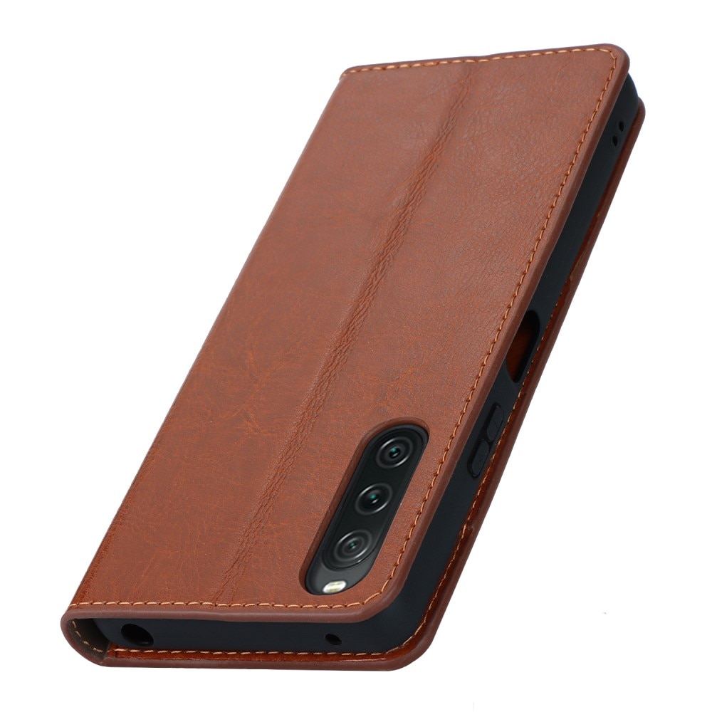 Coque portefeuille en cuir Veritable Sony Xperia 10 V, marron