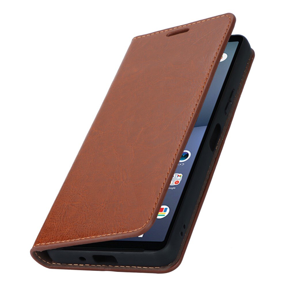 Coque portefeuille en cuir Veritable Sony Xperia 10 V, marron