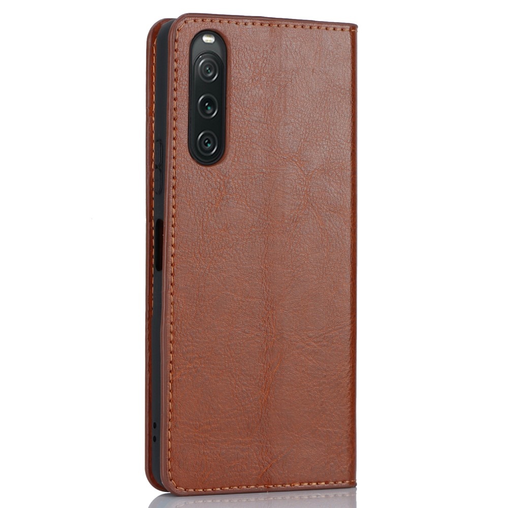 Coque portefeuille en cuir Veritable Sony Xperia 10 V, marron