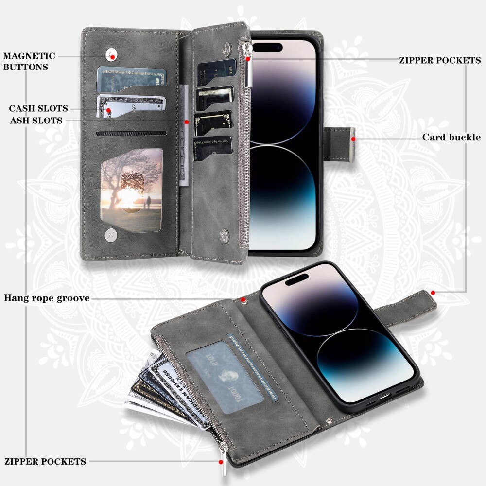 Étui portefeuille Mandala iPhone 15 Pro, gris
