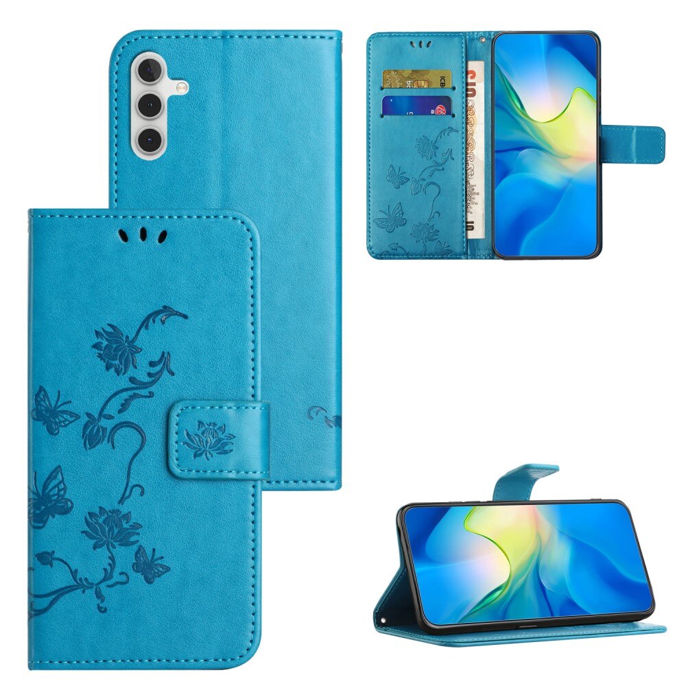 Étui en cuir à papillons pour Samsung Galaxy S23 FE, bleu