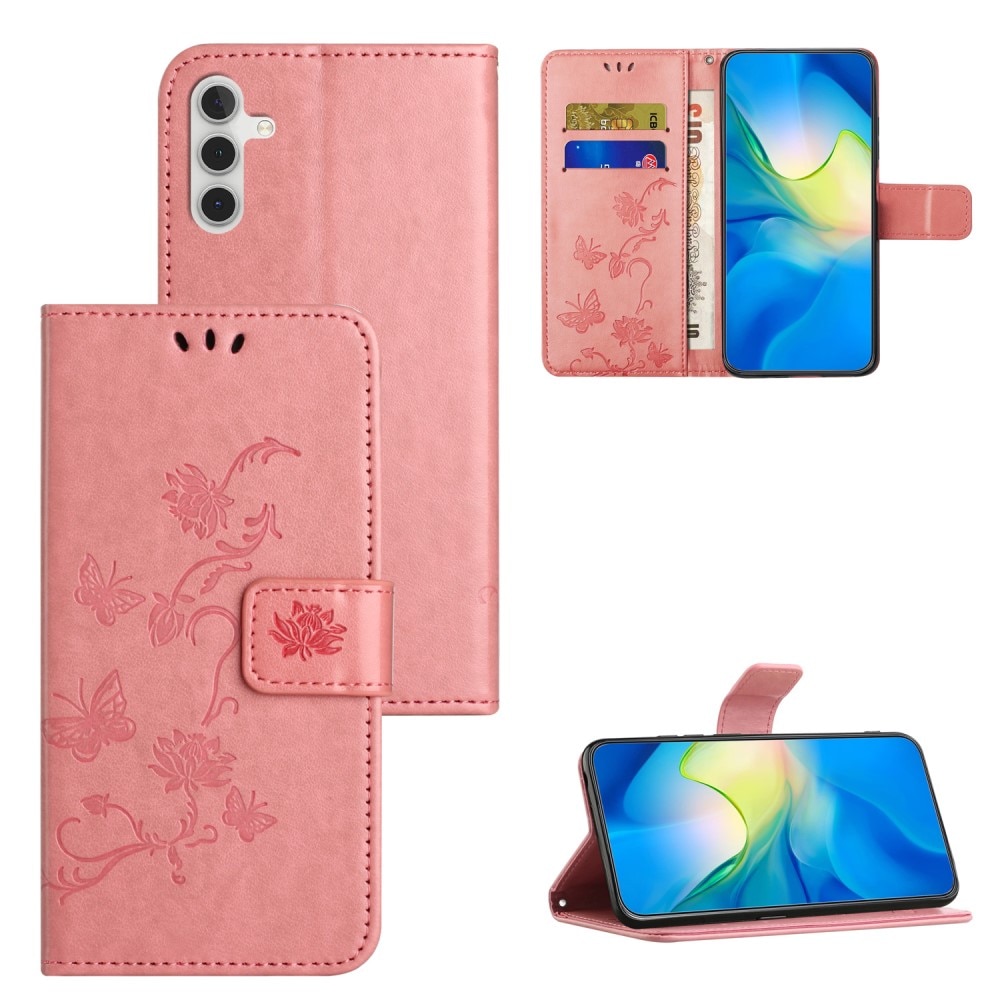 Étui en cuir à papillons pour Samsung Galaxy S23 FE, rose