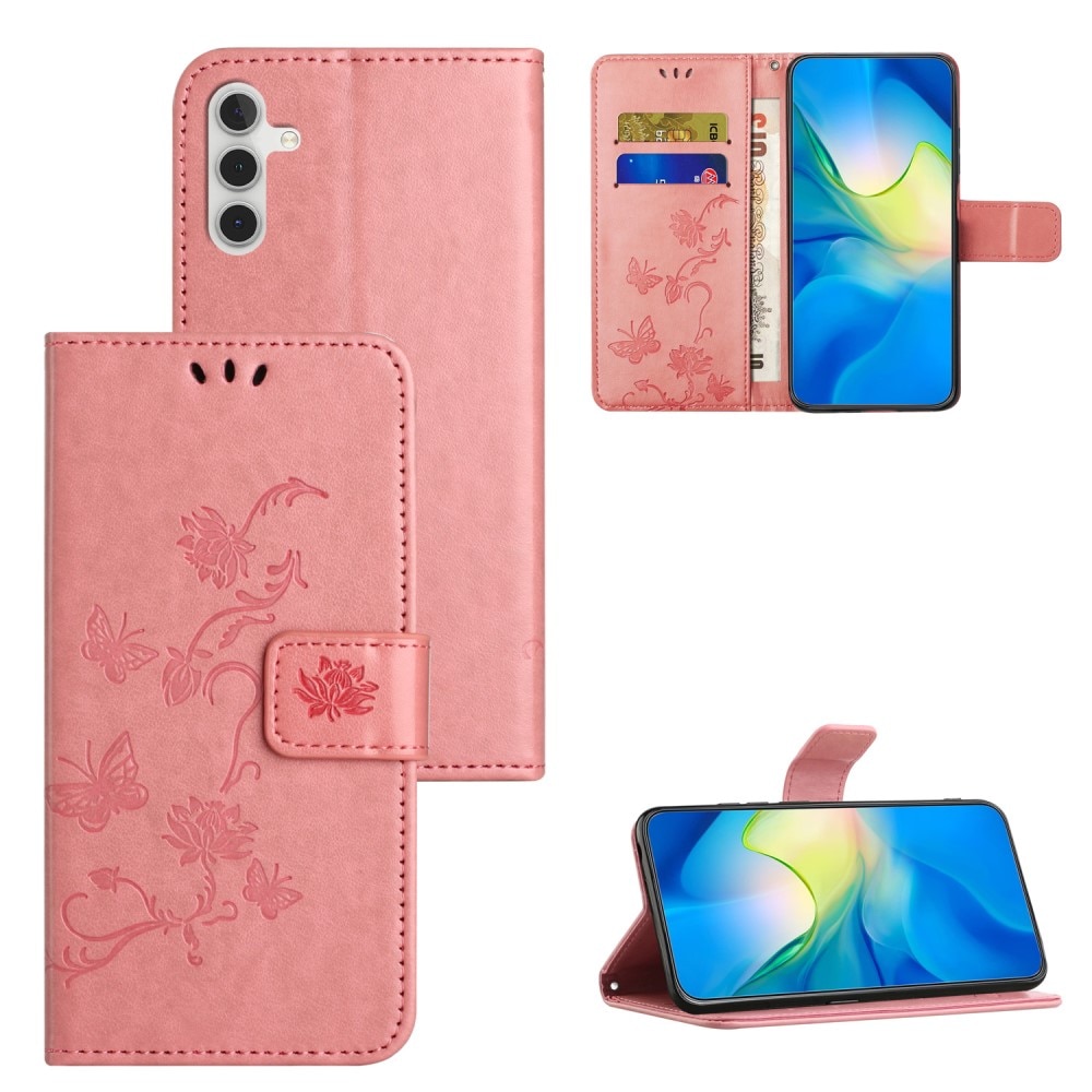 Étui en cuir à papillons pour Samsung Galaxy S23 FE, Rose