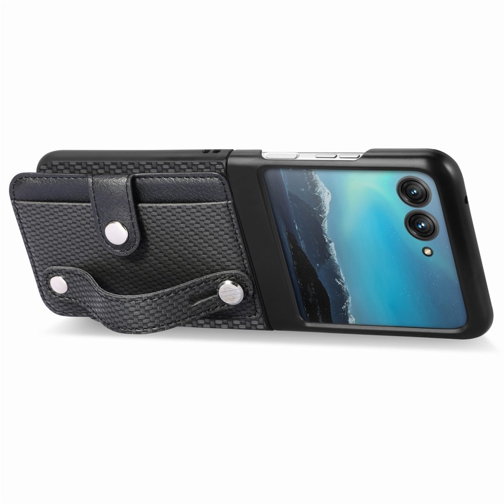 Coque en Cuir à cartes + Finger Strap Motorola Razr 40 Ultra, noir