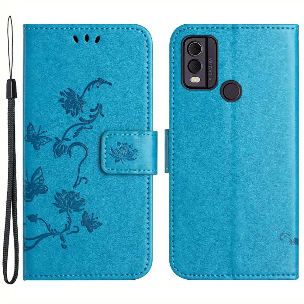 Étui en cuir à papillons pour  Nokia C32, Bleu