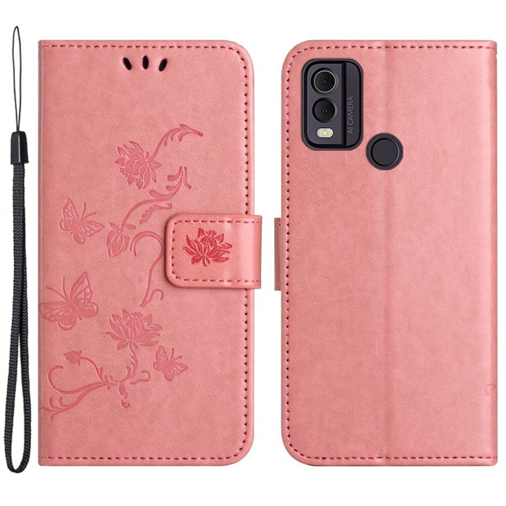 Étui en cuir à papillons pour  Nokia C22, Rose