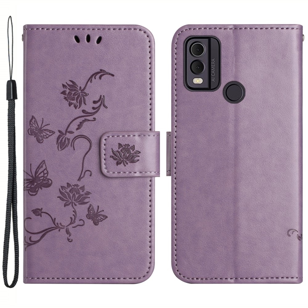 Étui en cuir à papillons pour Nokia C22, violet