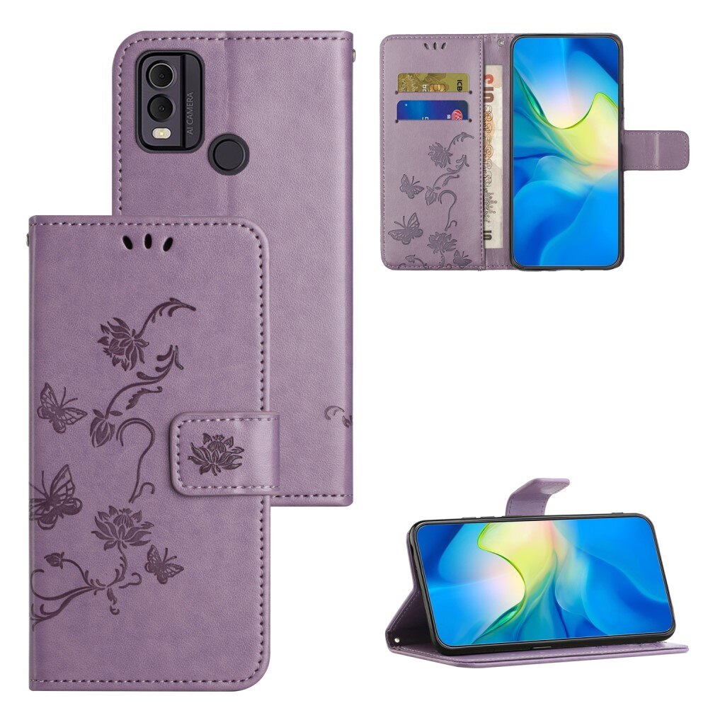 Étui en cuir à papillons pour Nokia C32, violet