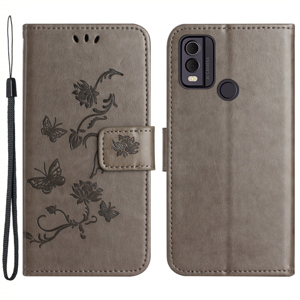 Étui en cuir à papillons pour  Nokia C22, Gris