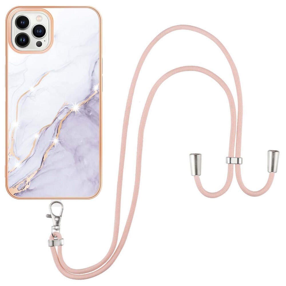 Coque cordon iPhone 15 Pro Max, marbre blanc