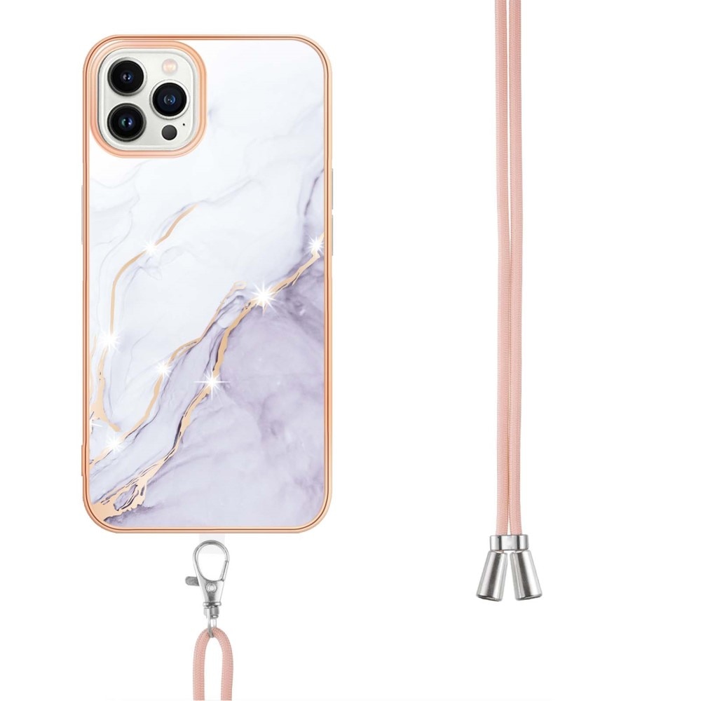 Coque cordon iPhone 15 Pro Max, marbre blanc