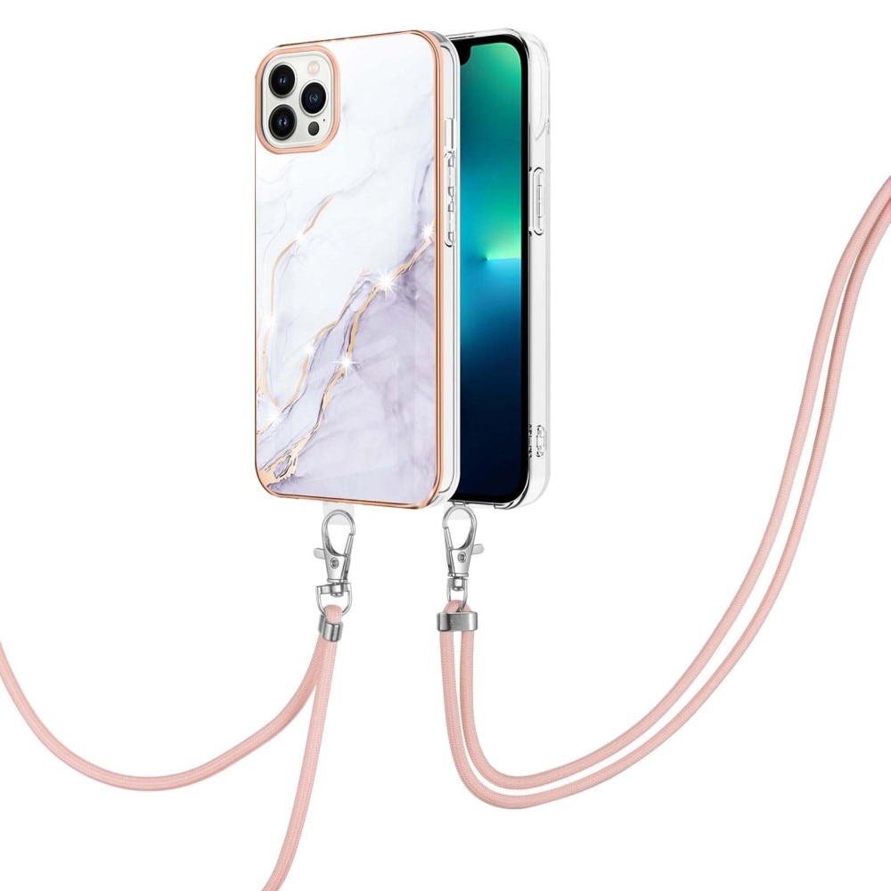 Coque cordon iPhone 15 Pro, marbre blanc