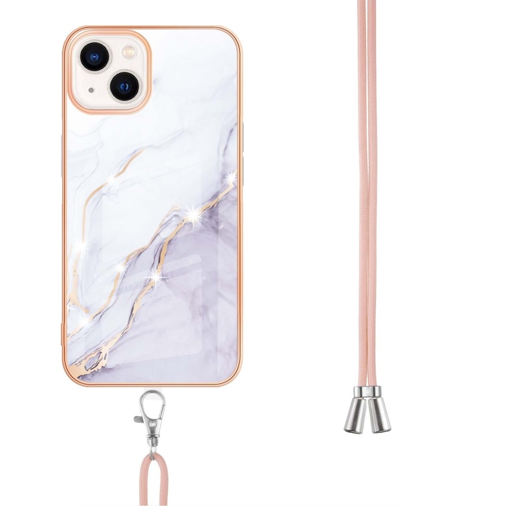 Coque cordon iPhone 15, marbre blanc