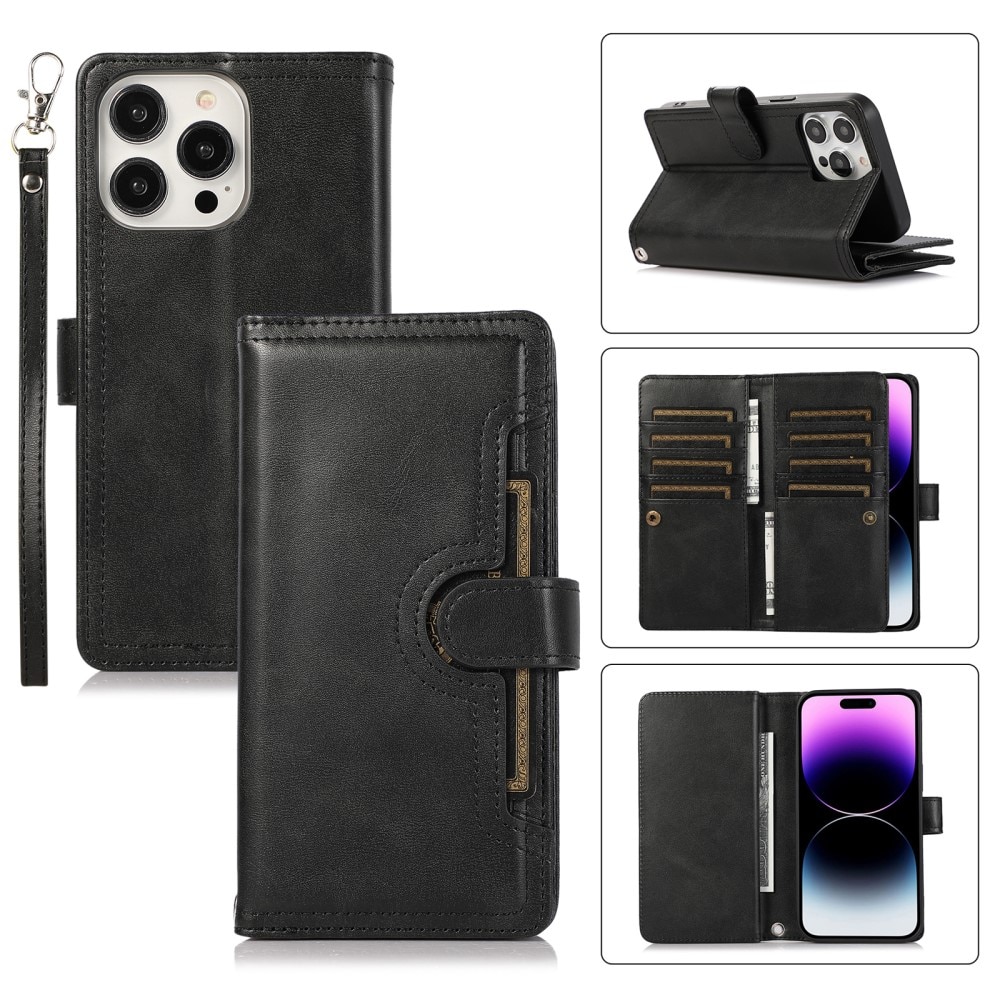 Zipper Portefeuille en cuir avec plusieurs fentes iPhone 15, noir