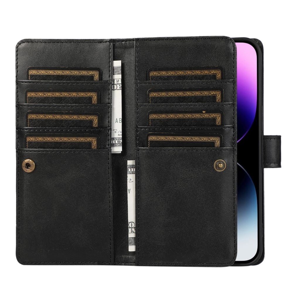 Zipper Portefeuille en cuir avec plusieurs fentes iPhone 15 Pro, noir