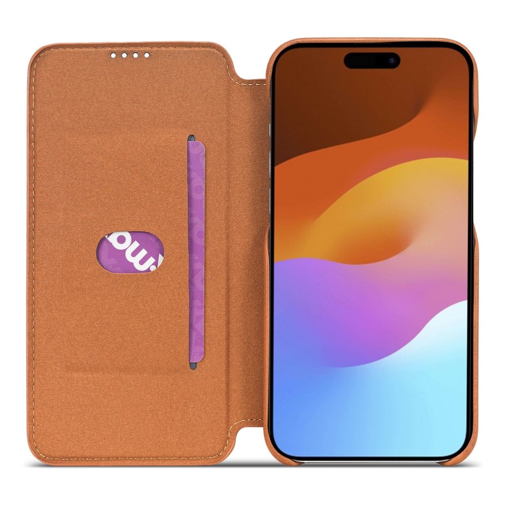 Étui portefeuille mince iPhone 15 Plus, cognac