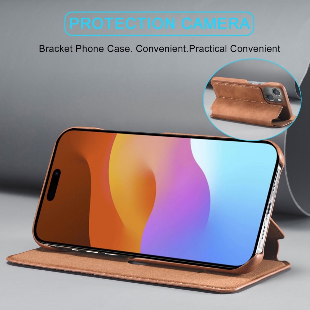 Étui portefeuille mince iPhone 15 Plus, cognac
