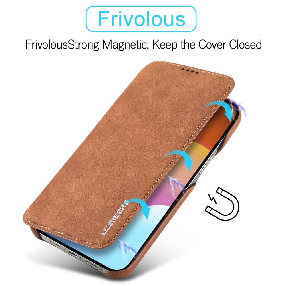 Étui portefeuille mince iPhone 15 Plus, cognac