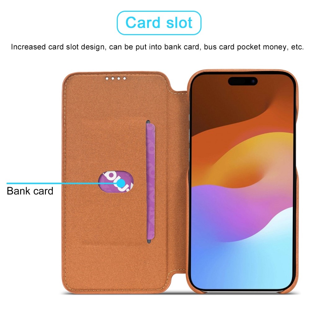 Étui portefeuille mince iPhone 15 Plus, cognac