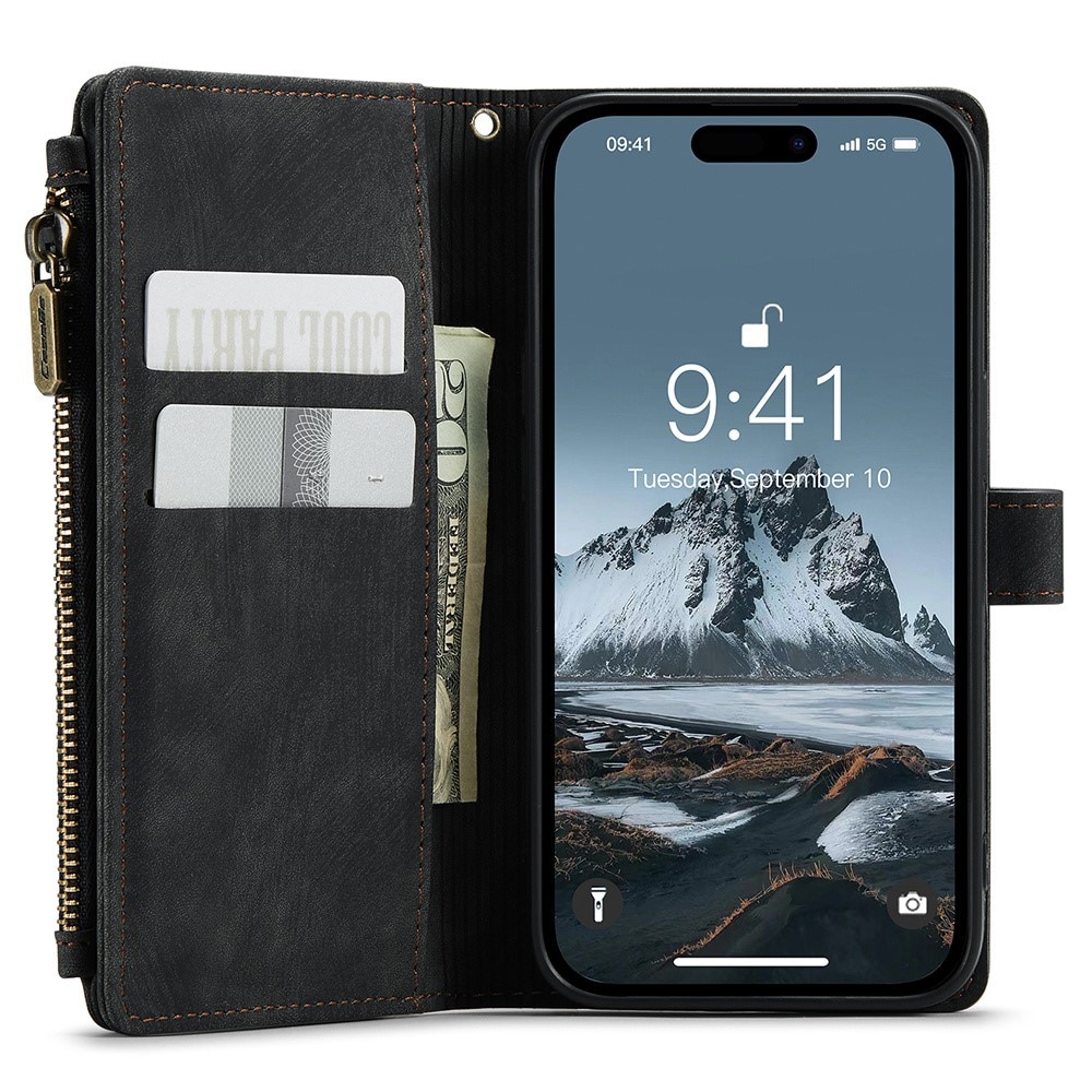 Étui portefeuille à glissière iPhone 15 Pro Max, Noir