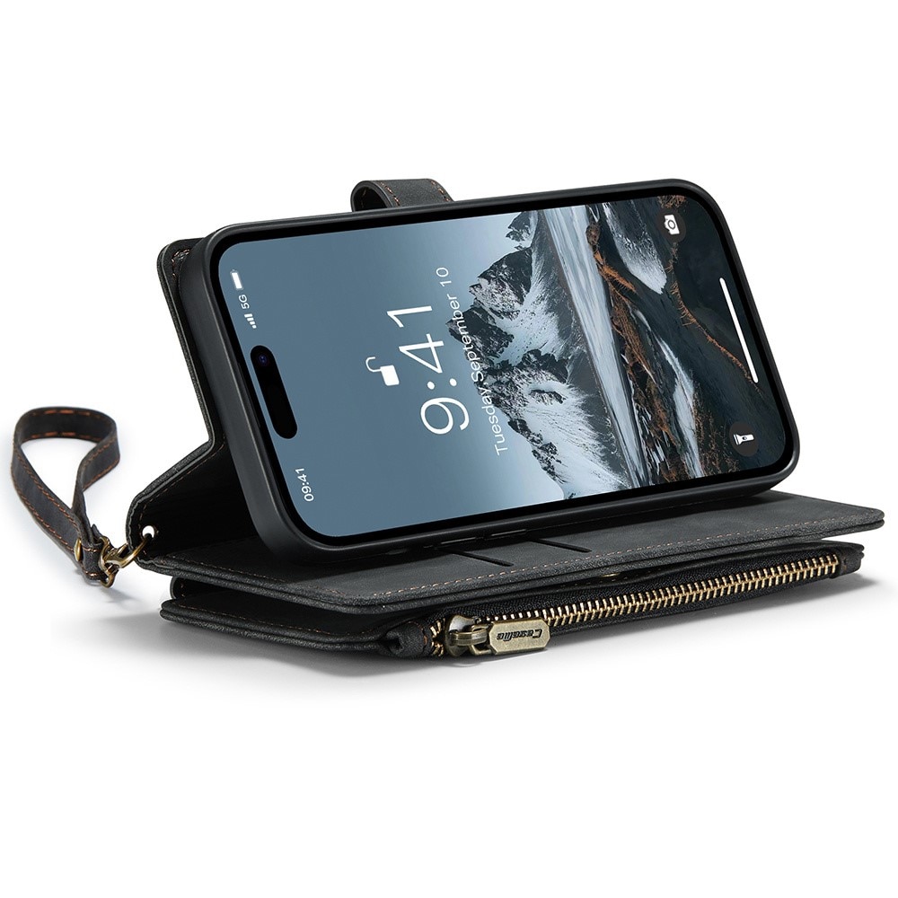 Étui portefeuille à glissière iPhone 15 Pro Max, noir