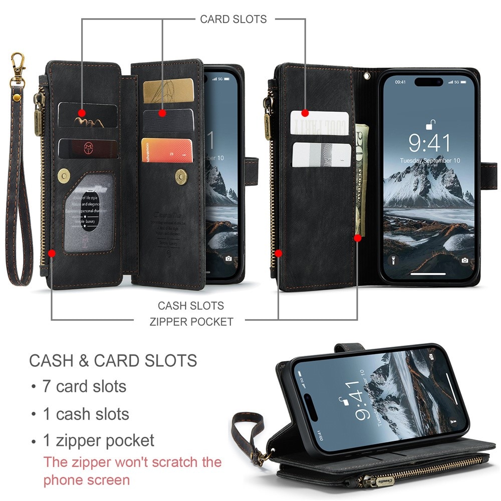 Étui portefeuille à glissière iPhone 15 Pro Max, Noir