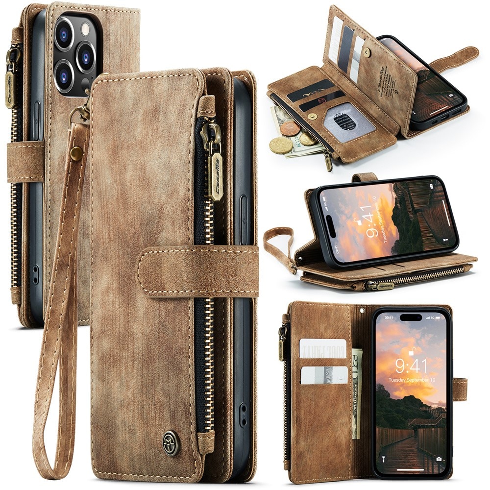 Étui portefeuille à glissière iPhone 15 Pro Max, Marron