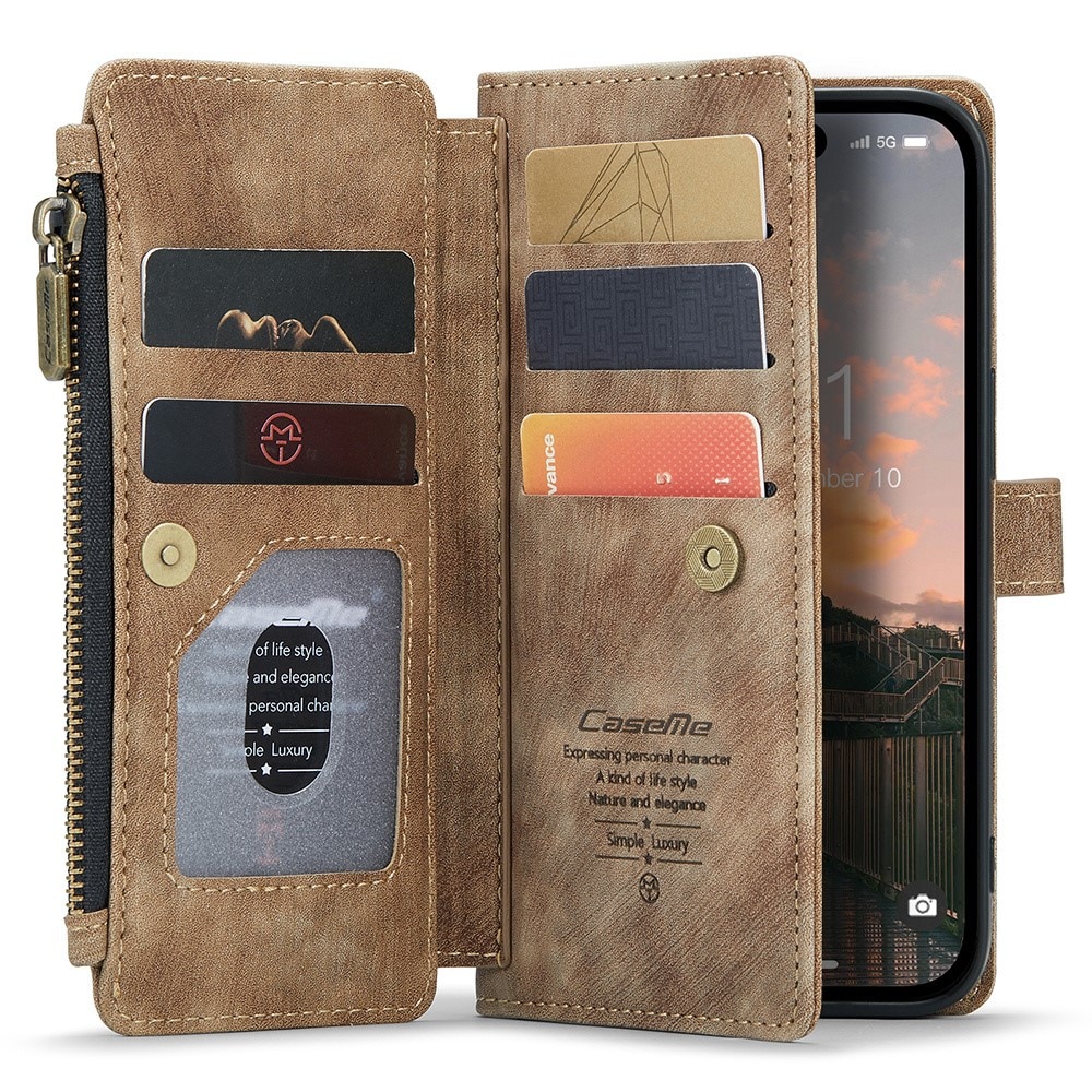 Étui portefeuille à glissière iPhone 15 Pro Max, Marron