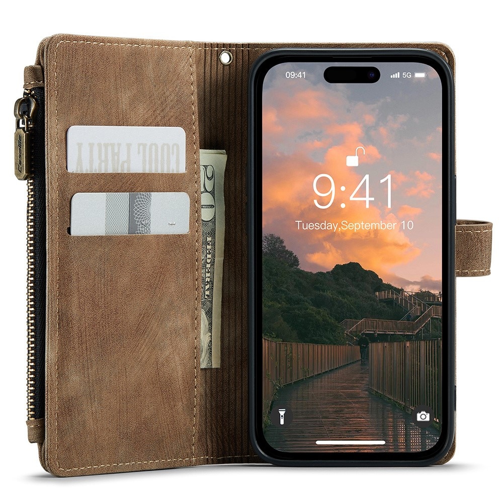 Étui portefeuille à glissière iPhone 15 Pro Max, marron