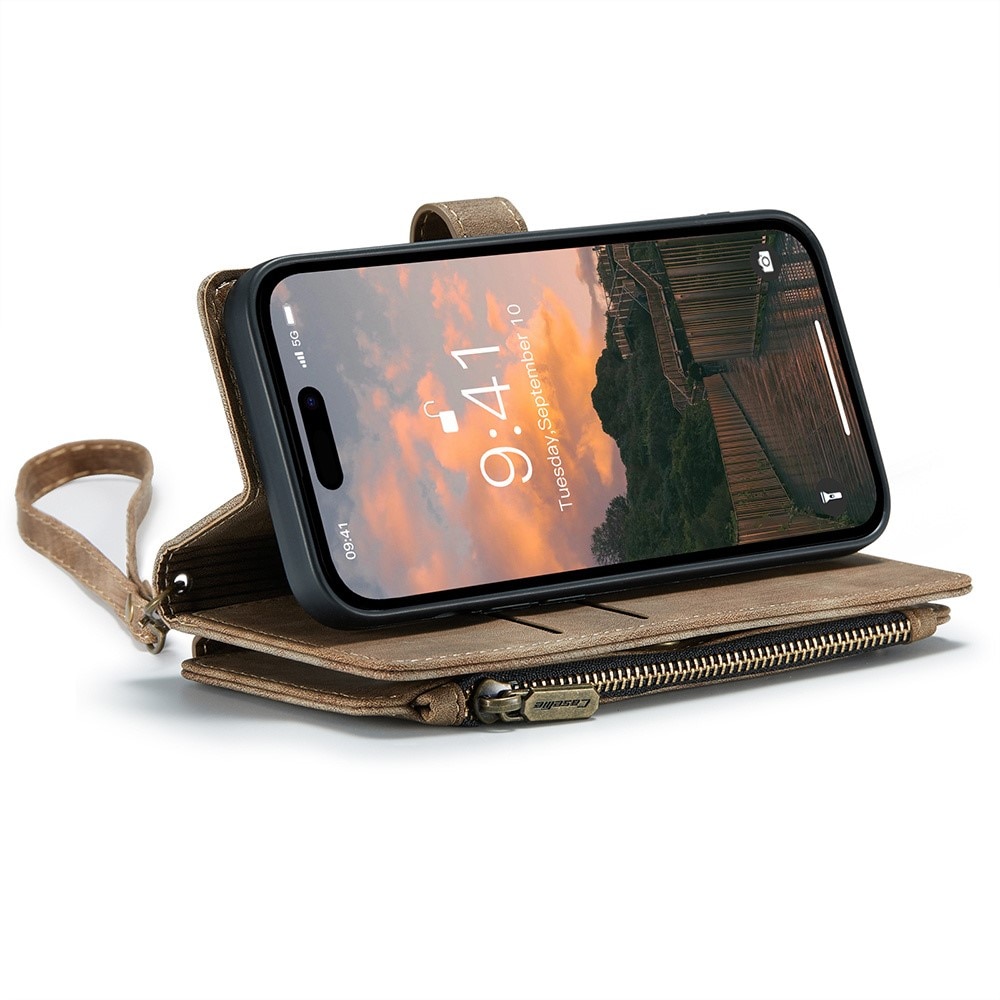 Étui portefeuille à glissière iPhone 15 Pro Max, Marron