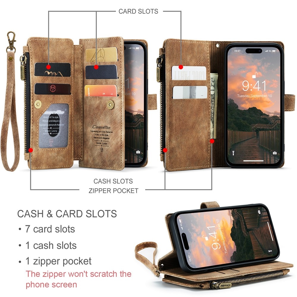 Étui portefeuille à glissière iPhone 15 Pro Max, Marron