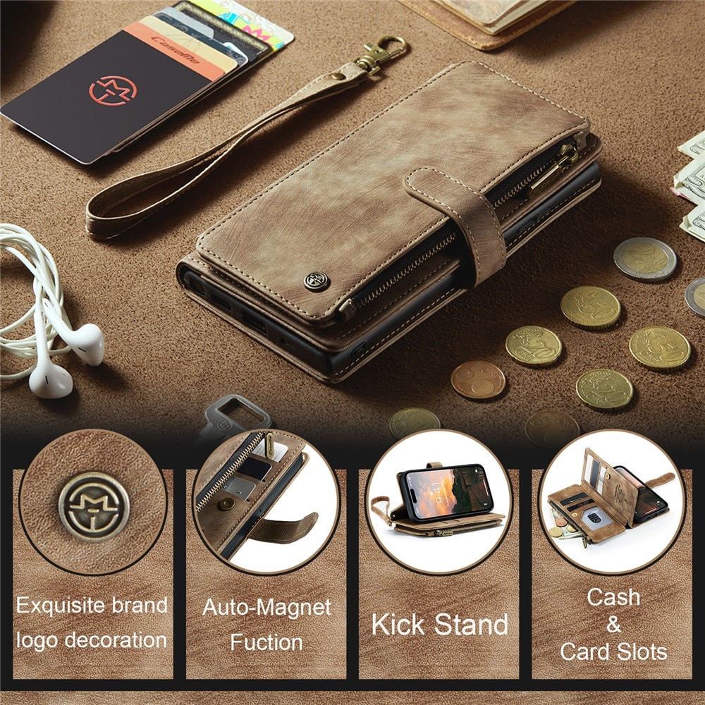 Étui portefeuille à glissière iPhone 15 Pro Max, marron