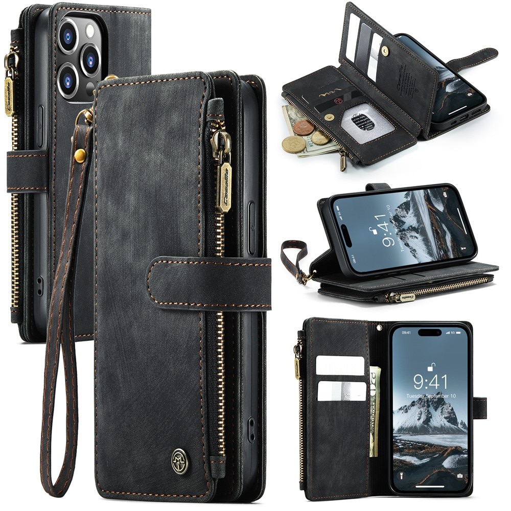 Étui portefeuille à glissière iPhone 15 Pro, noir